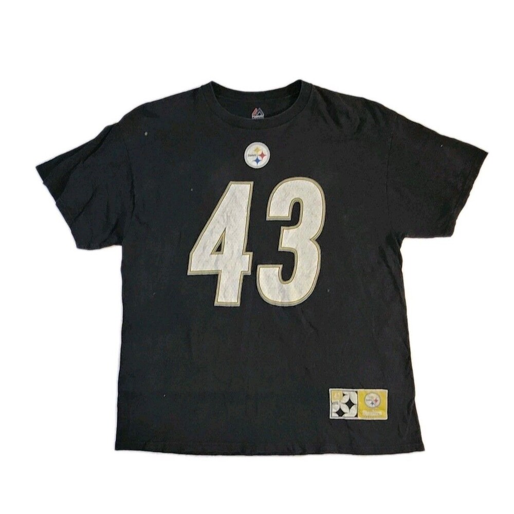 Worn Distressed Polamalu  Pittsburgh Steelers T Shirt Majestic XL Black AS-IS